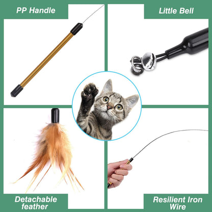 Feather Teaser Cat Toy - Interactive Wand with Extra Long 34.5" Wand and Small Bell, Fun Exerciser Playing Toy for Kittens or Cats, Brown Feather