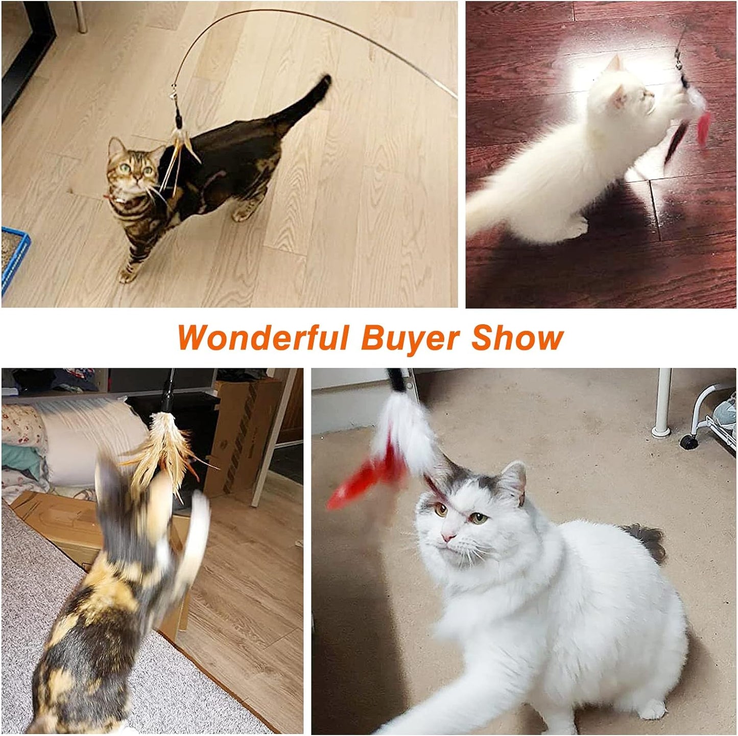 Feather Teaser Cat Toy - Interactive Wand with Extra Long 34.5" Wand and Small Bell, Fun Exerciser Playing Toy for Kittens or Cats, Brown Feather