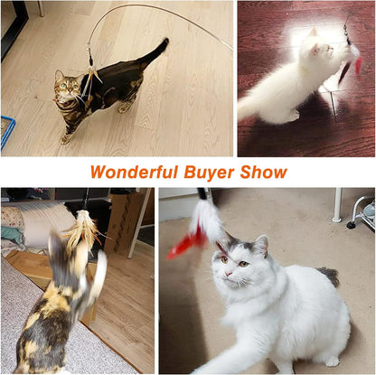 Feather Teaser Cat Toy - Interactive Wand with Extra Long 34.5" Wand and Small Bell, Fun Exerciser Playing Toy for Kittens or Cats, Brown Feather