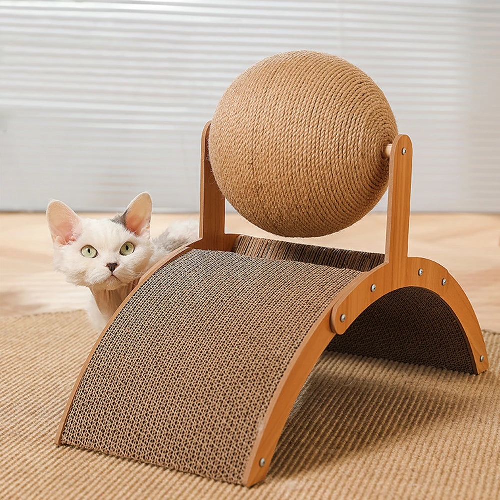 Wooden Cat Scratcher Sisal Cat Scratching Ball 2 in 1 Wear-Resistant Grinding Paw Toy Scratch Board Solid Wood Scraper for Cats